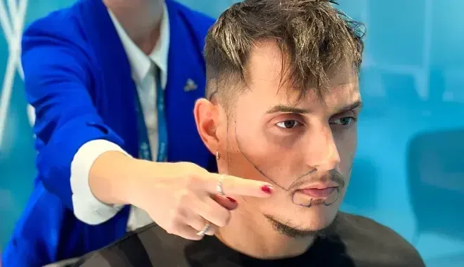 Person getting a beard design, a hand points to a drawn outline on his face. Woman in blue blazer in background.