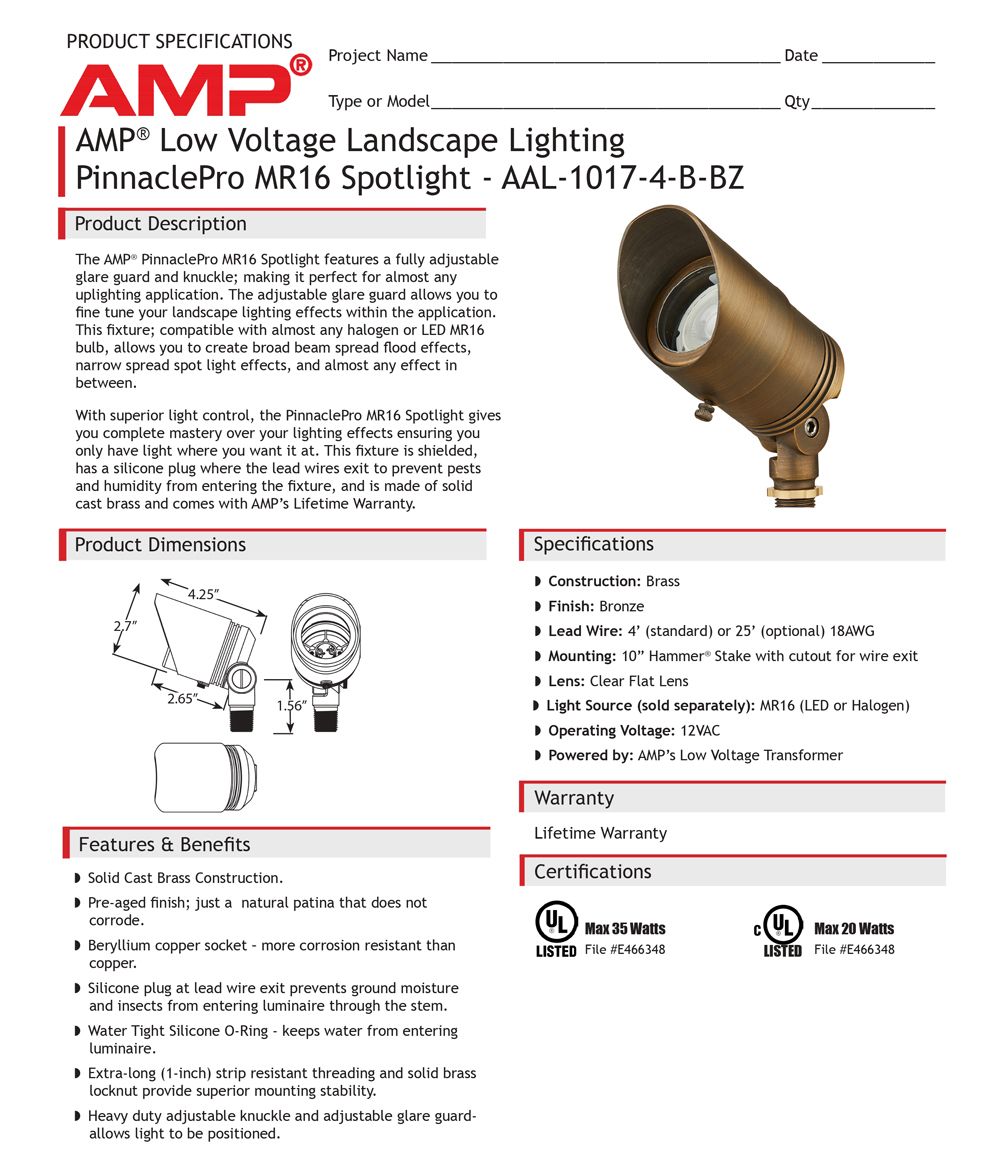 AMP® Low Voltage Landscape Lighting PinnaclePro MR16 Spotlight - AAL-1017-4-B-BZ