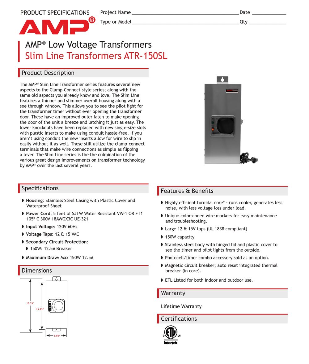 AMP® Low Voltage Transformers Slim Line Transformers ATR-150SL