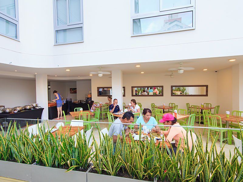 Un patio al aire libre con gente comiendo en mesas, sillas verdes y una mesa de buffet. Plantas verdes bordean el primer plano.