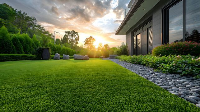 Close-up view of bright green grass in a yard with blurred background of a tree and foliage.