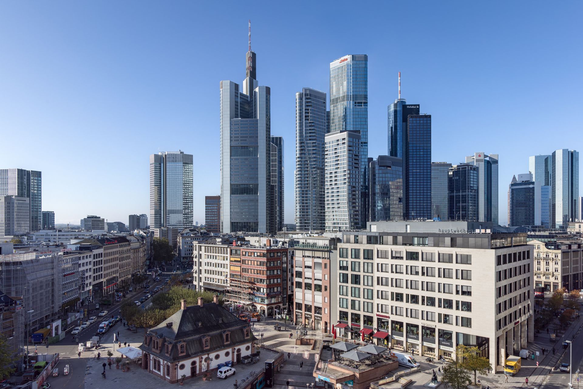 blue sk and a few high buildings, like a skyline with skyscapers in Frankfurt