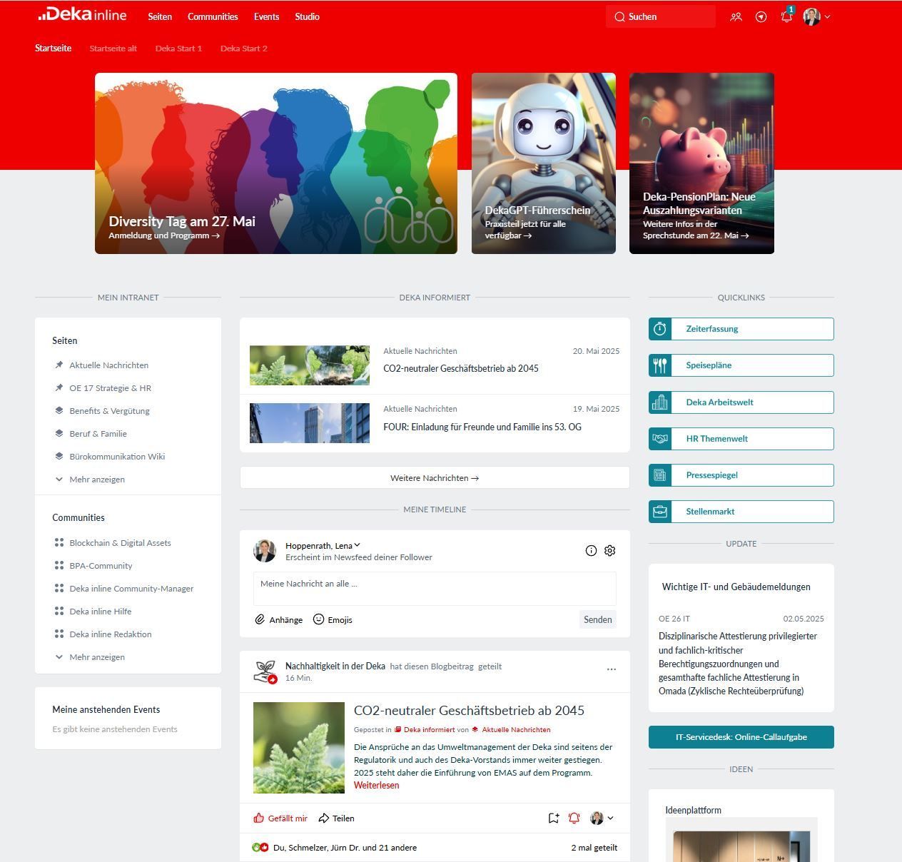 Hier sieht man das Deka Intranet inline mit der Startseite, 3 cover images, einer timeline, rechts quick links, links eine navigation