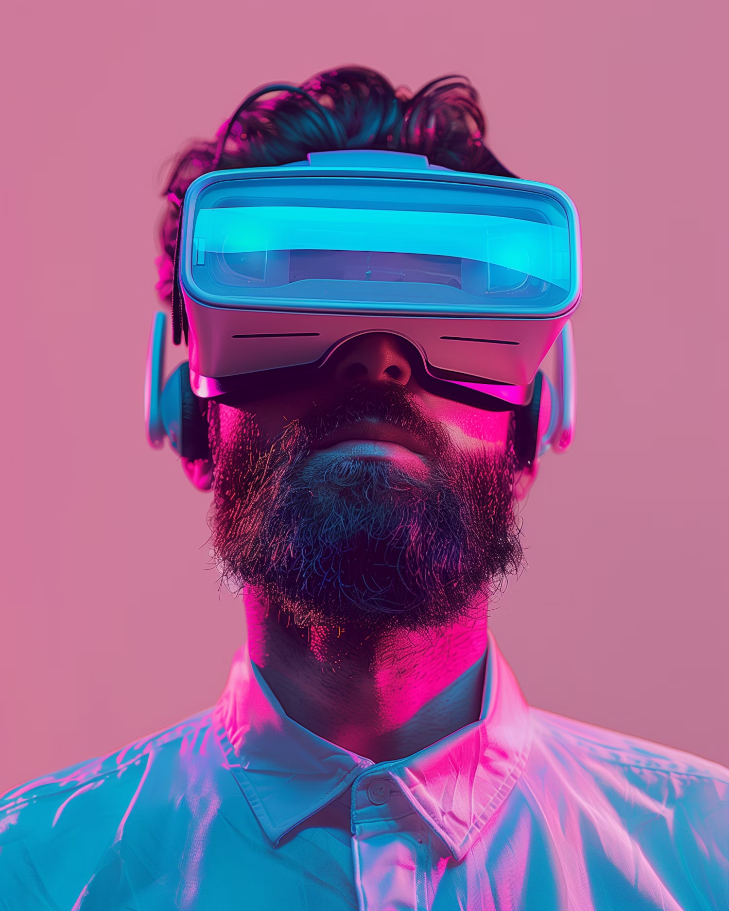 A man with a beard is wearing a virtual reality headset.