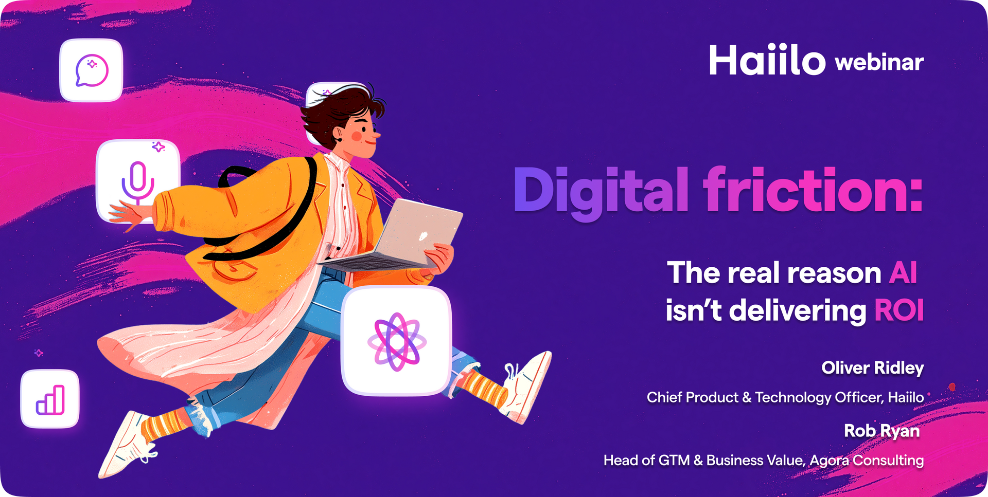 Illustrated banner for a Haiilo webinar titled “Digital friction: The real reason AI isn’t delivering ROI,” showing a person working on a laptop with digital icons.