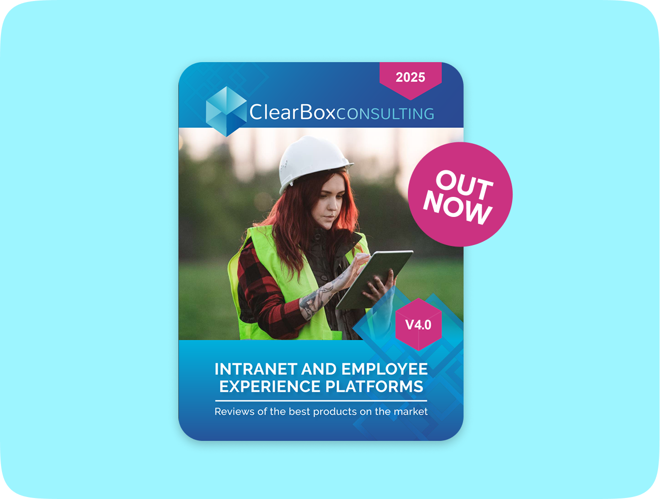 A woman in a hard hat and safety vest is looking at a tablet.
