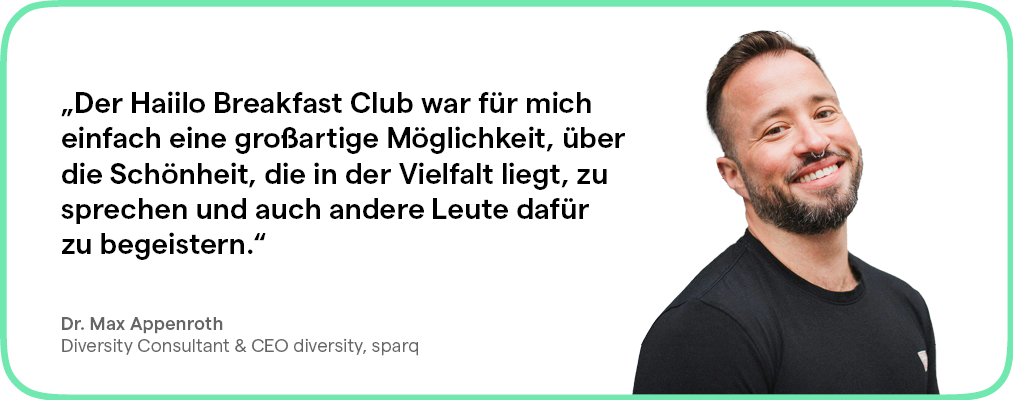 Ein lächelnder Mann mit Bart neben deutschem Text in einem grünen Kasten.