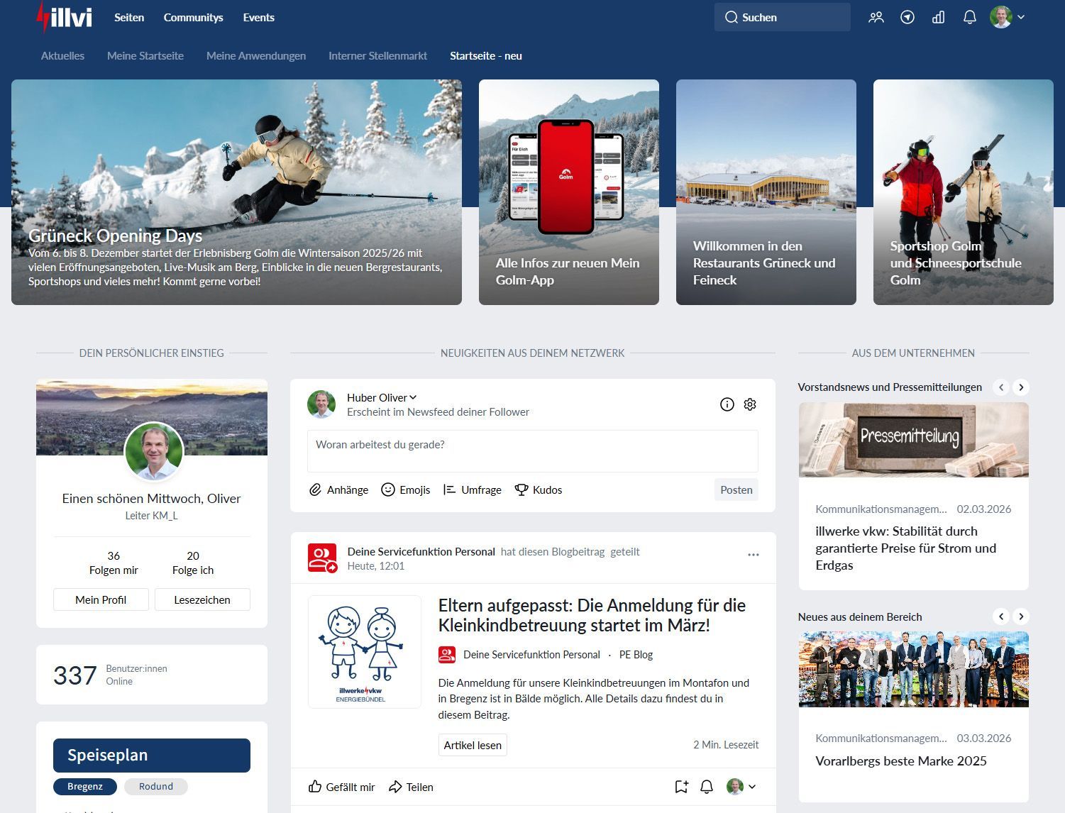Startseite Haiilo Intranet namens illvi bei Kunden illwerke vkw mit hero teaser, timeline, Startseite, widgets