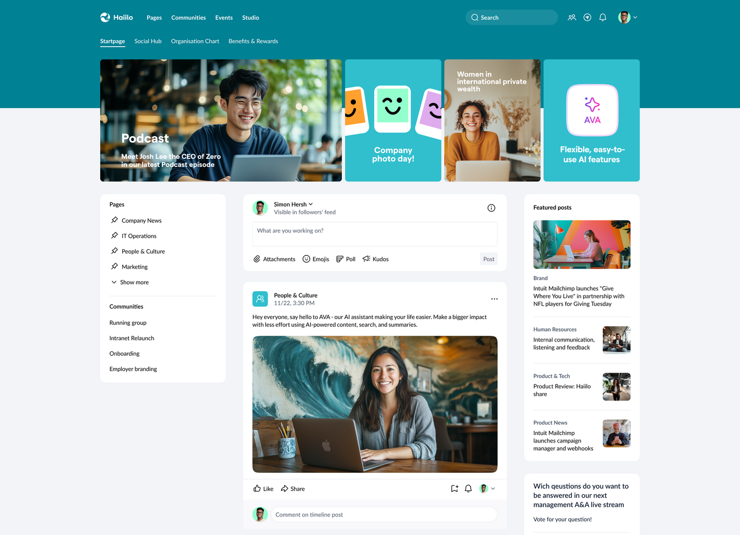 A mockup graphic of the Haiilo intranet dashboard featuring a social feed, Q&A and more.