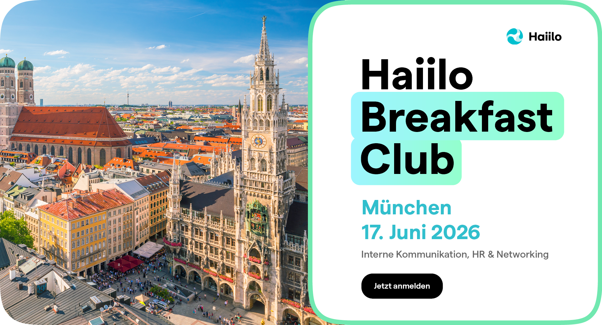 A group of people are sitting in front of a projector screen that says haiilo breakfast club