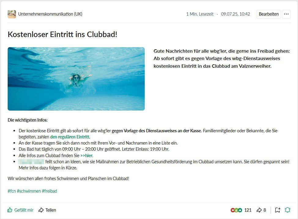 wbg Nürnberg Intranet Flurfunk - Beitrag zu Gesundheitsförderung Clubbad-Aktion