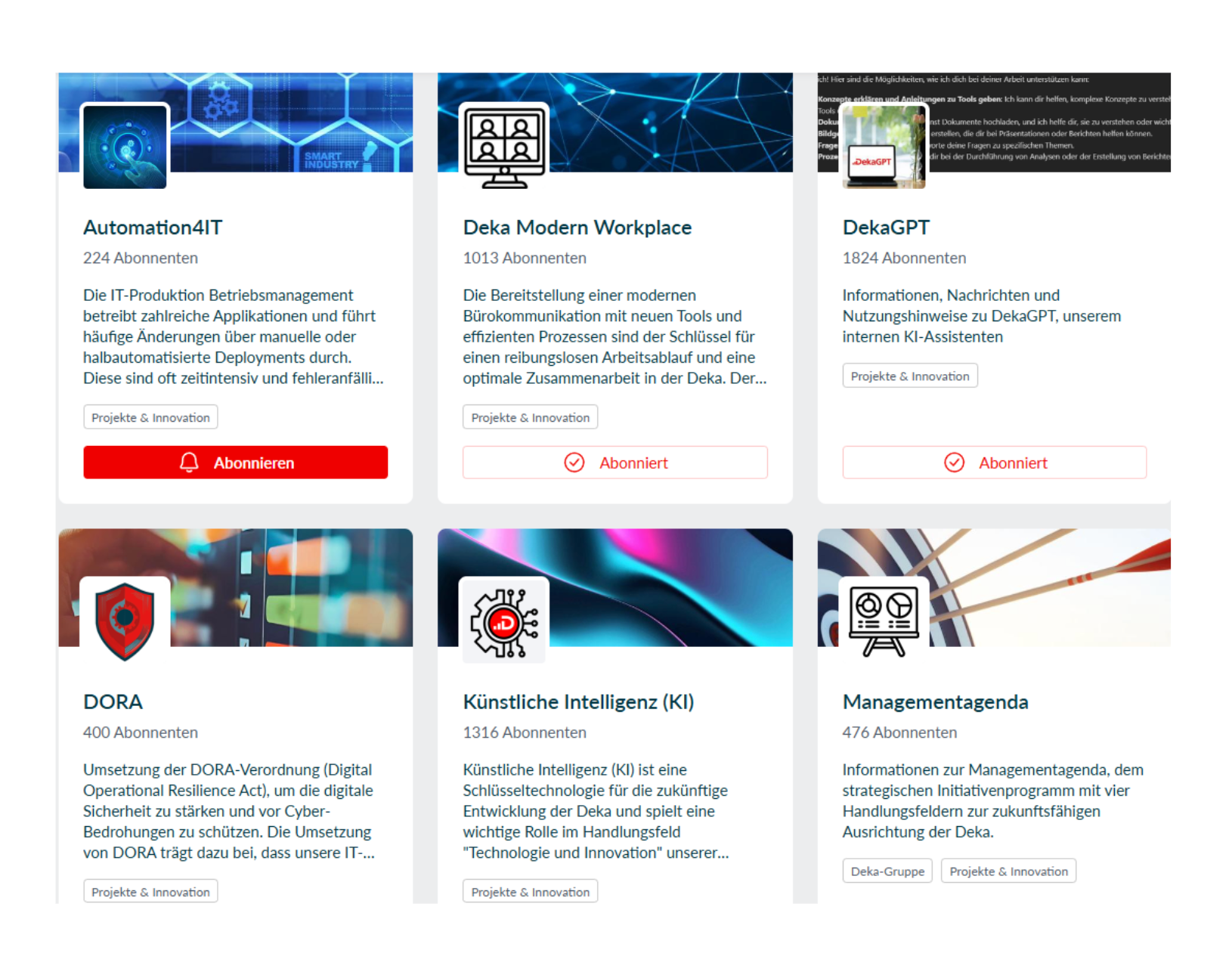Deka Intranet Themenseiten vor allen zu themen wie KI - hier sind 6 previews für Themenseiten zu sehen