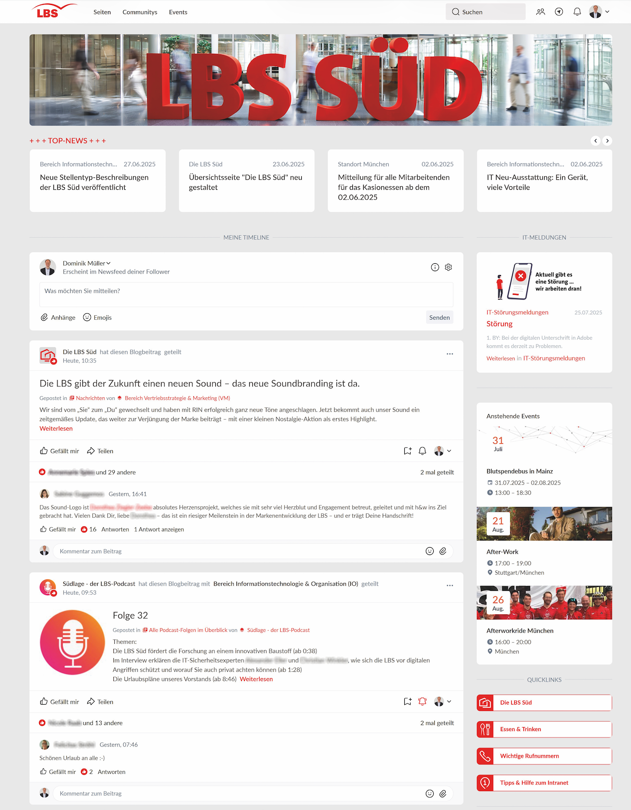 LBS Süd Haiilo Intranet Startseite mit Cover Image, Top-News, Timeline und wichtigsten Widgets
