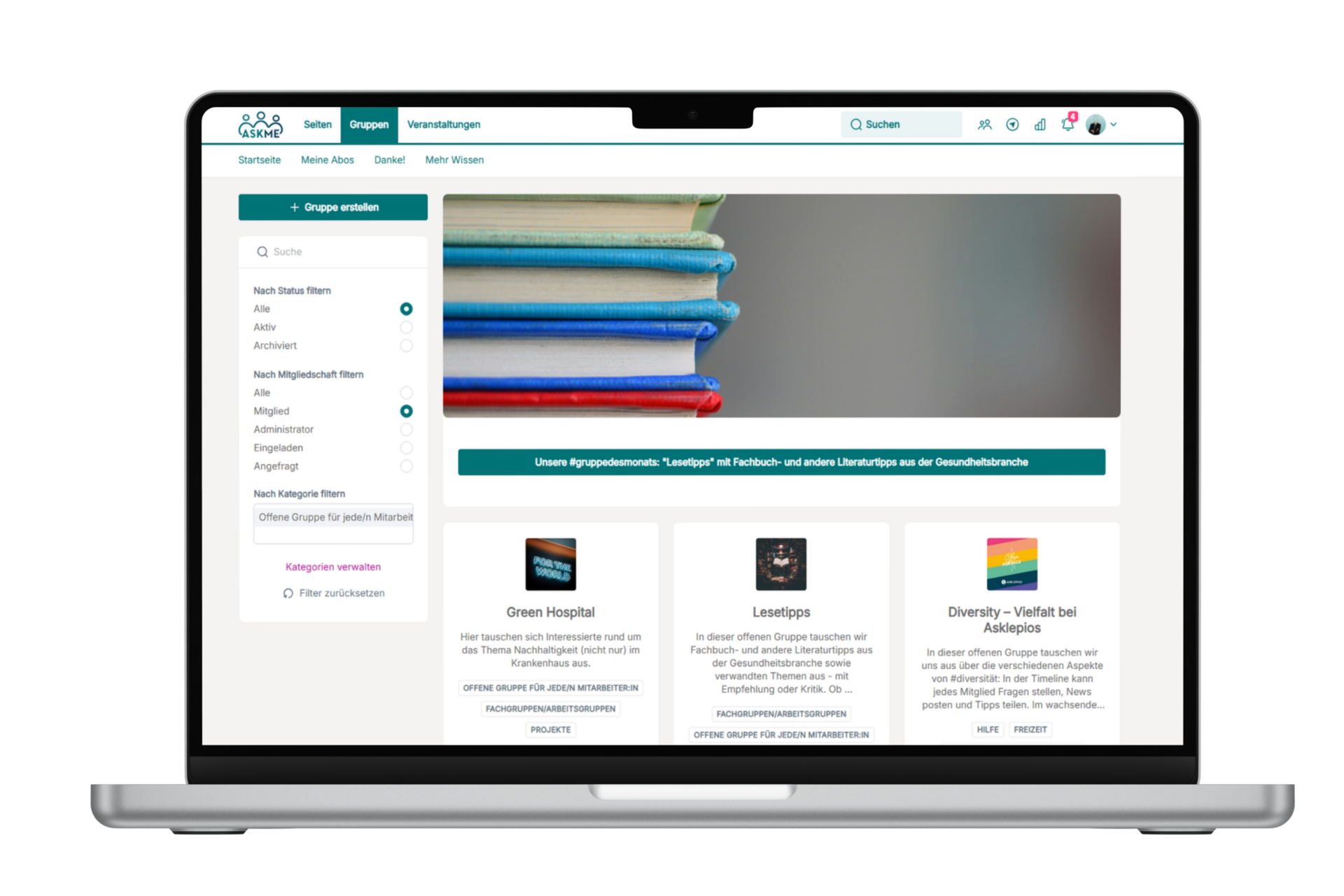 Laptop geöffnet mit Asklepios Intranet ASKME mit der Gruppenübersicht im Intranet
