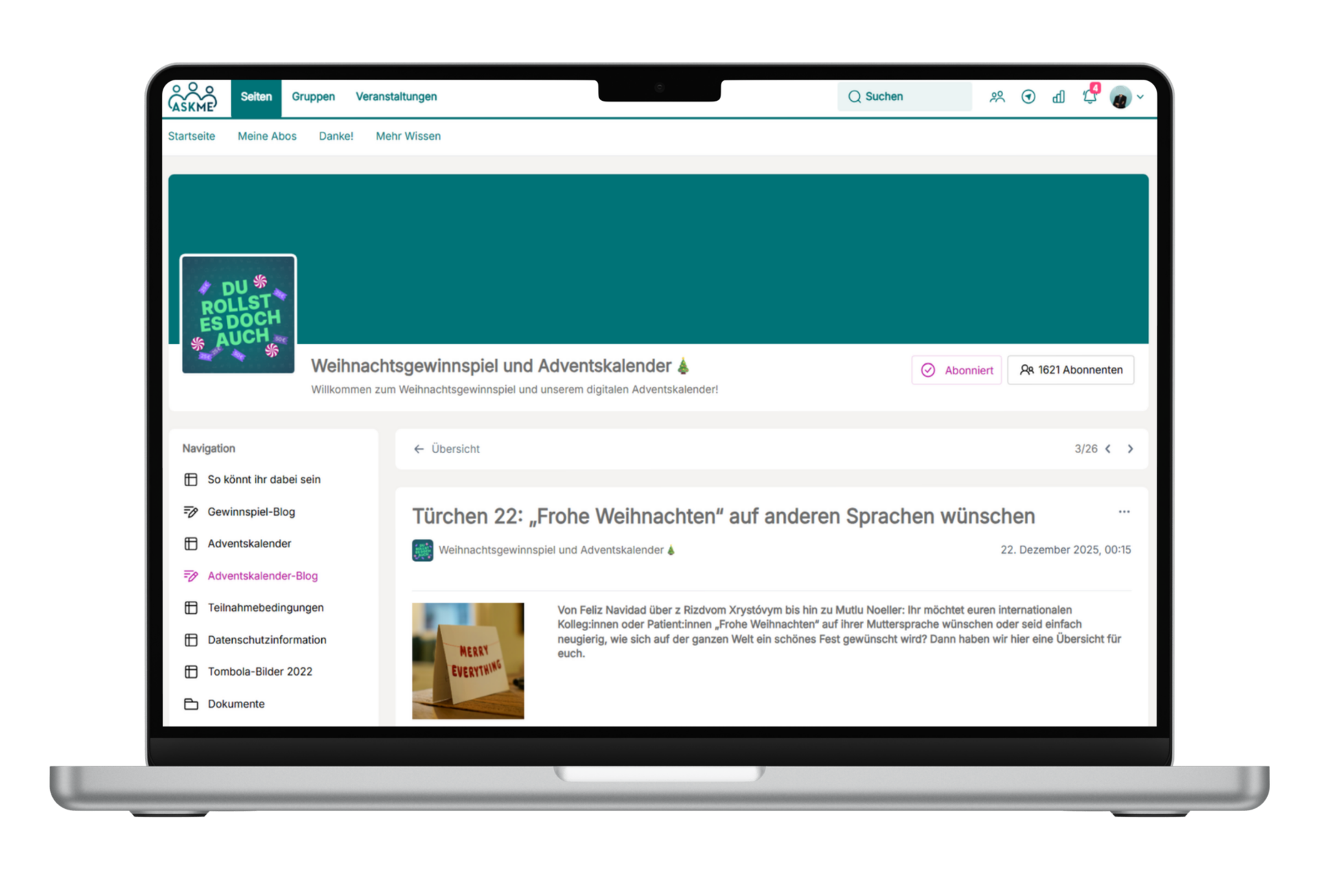 Laptop Mock-up mit dem Asklepios Intranet ASKME und der Ansicht einer Seite zum Thema Weihnachtsgewinnspiel