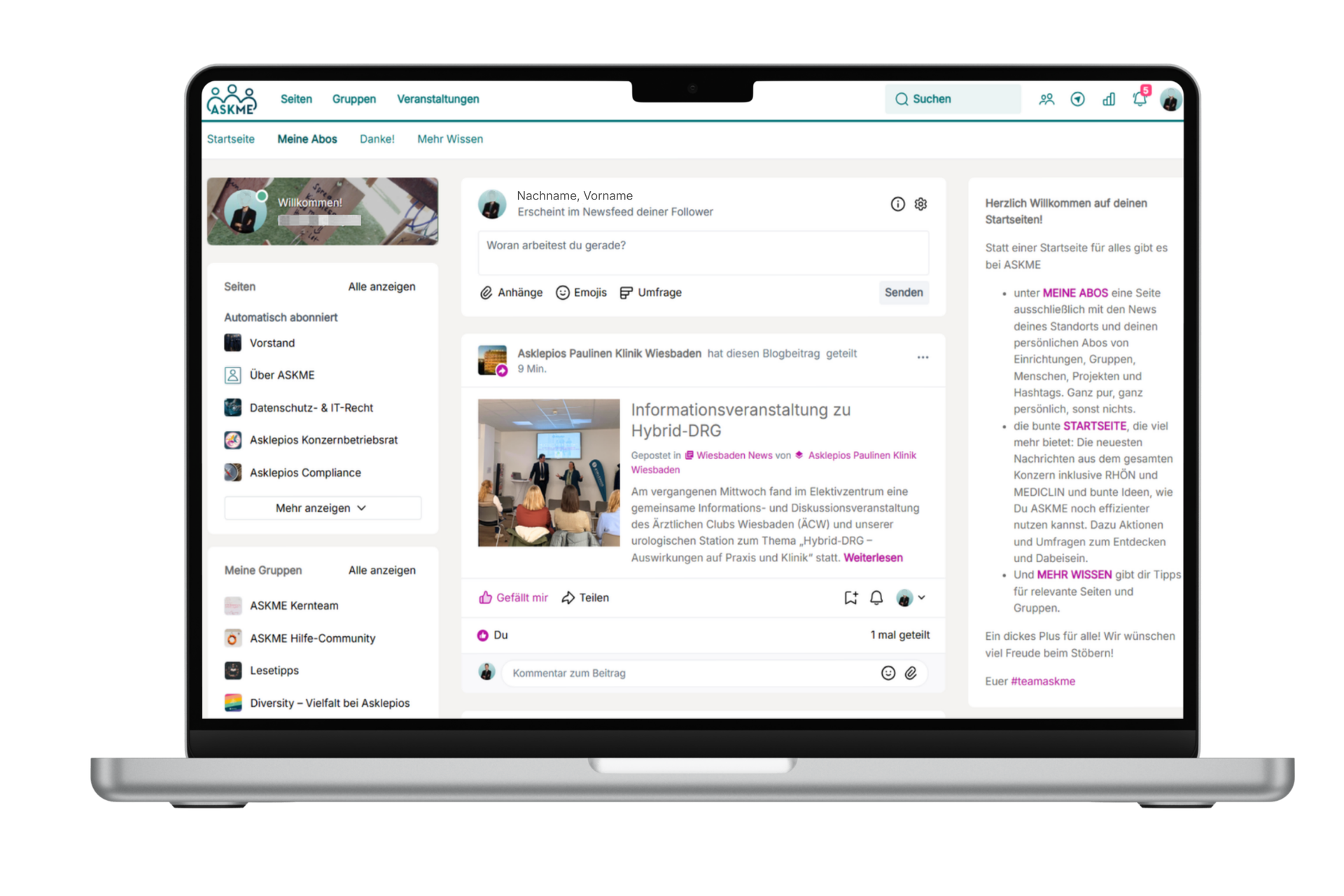 Laptop Mockup mit Intranet von Asklepios namens Asme und zu sehen ist die persönliche Timeline mit Navigation, News und Widgets
