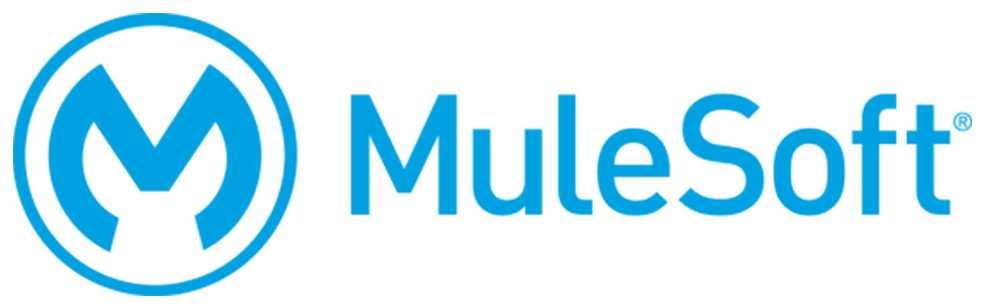 A blue and white logo for mulesoft on a white background