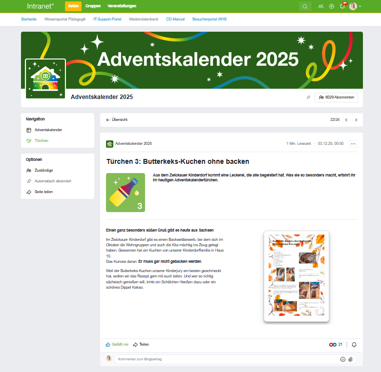 SCreenshot SOS-Kinderdorf Intranet Seite zum Adventskalender 2025