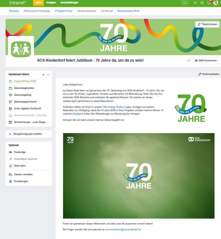 SOS-Kinderdorf Intranet Screenshot Seite zu 70 Jahre Jubiläum mit Grußtext an Kollegen