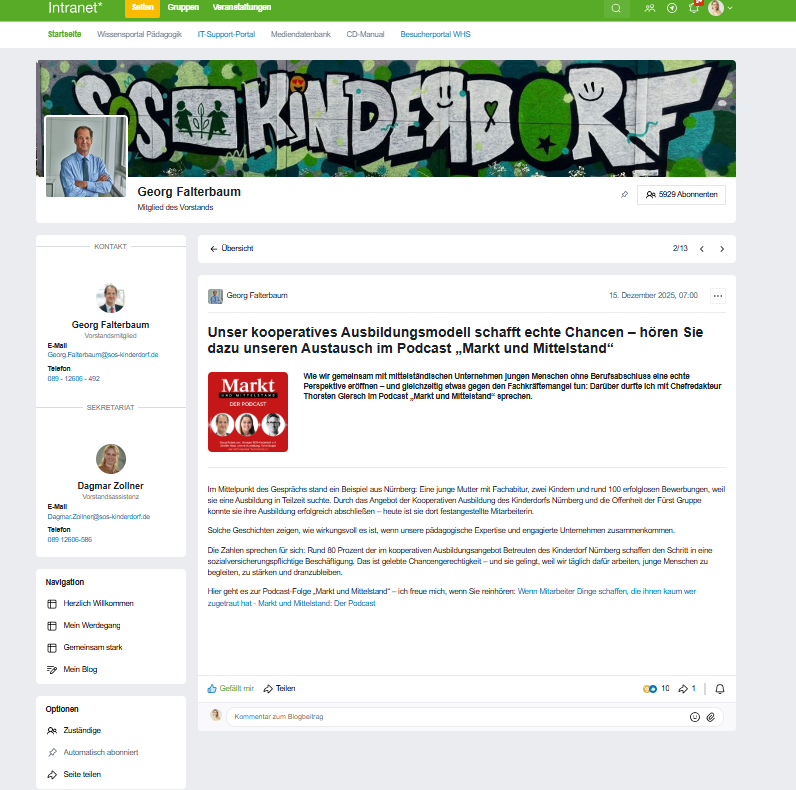 Screenshot SOS-Kinderdorf Intranet Seite des Vorstandes Georg Falterbaum mit Blogbeitrag