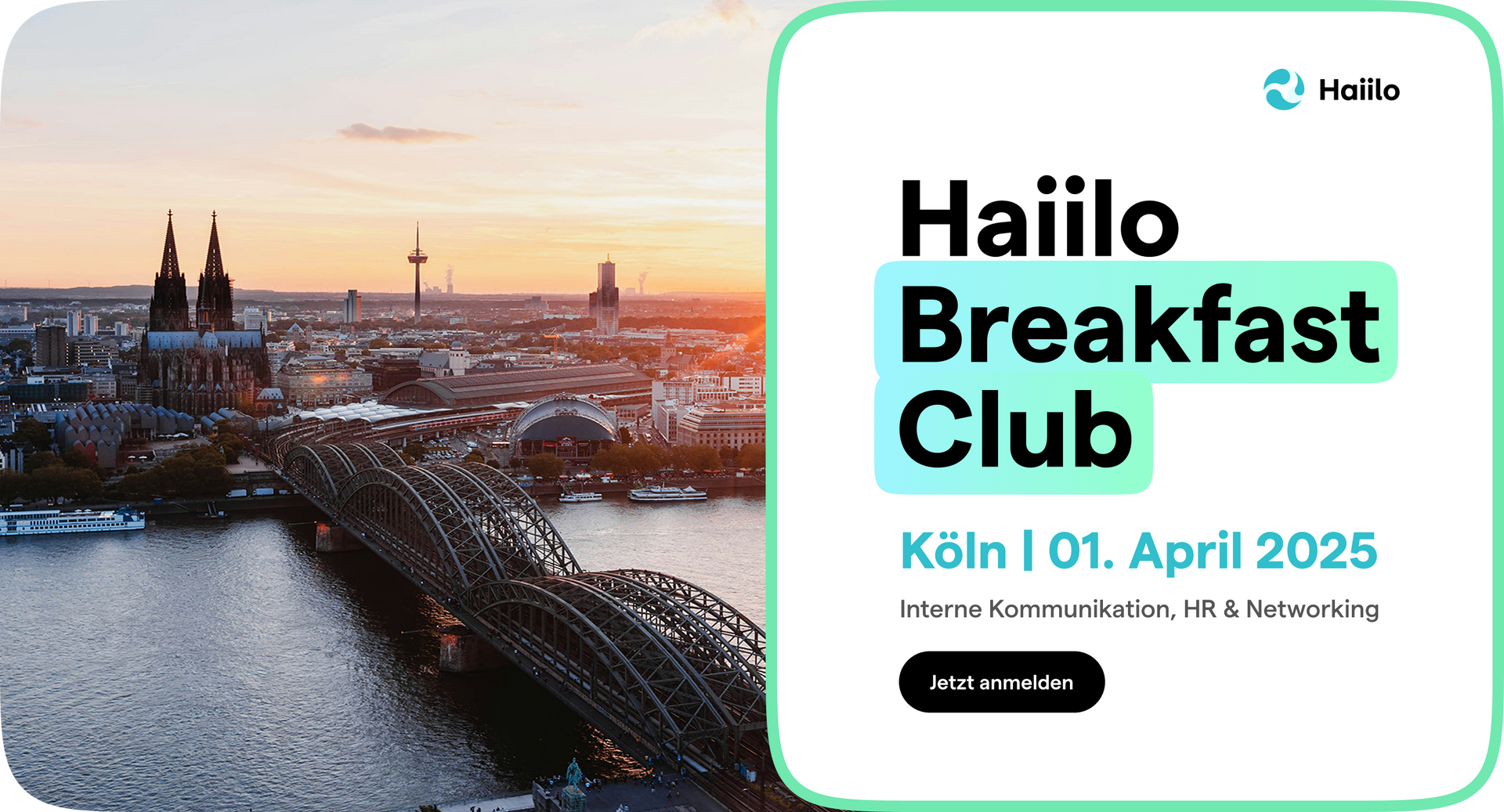 A group of people are sitting in front of a projector screen that says haiilo breakfast club