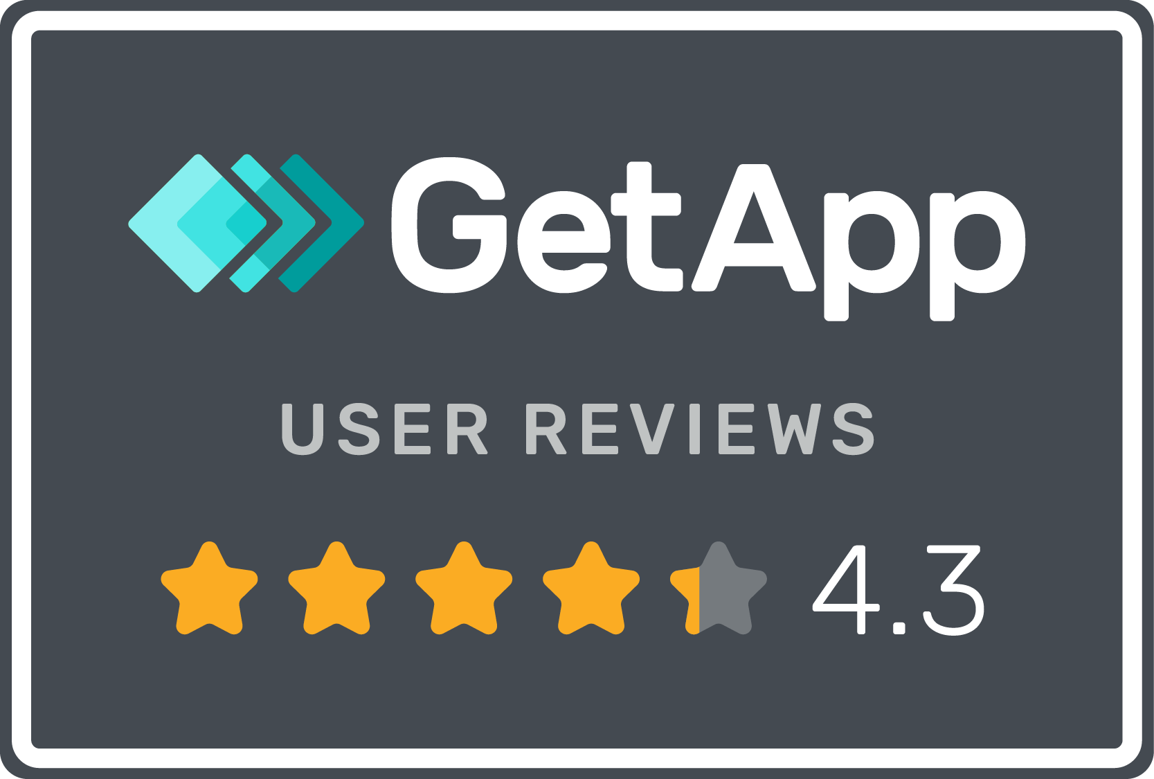 A getapp user review badge with four stars and a 4.3 rating.