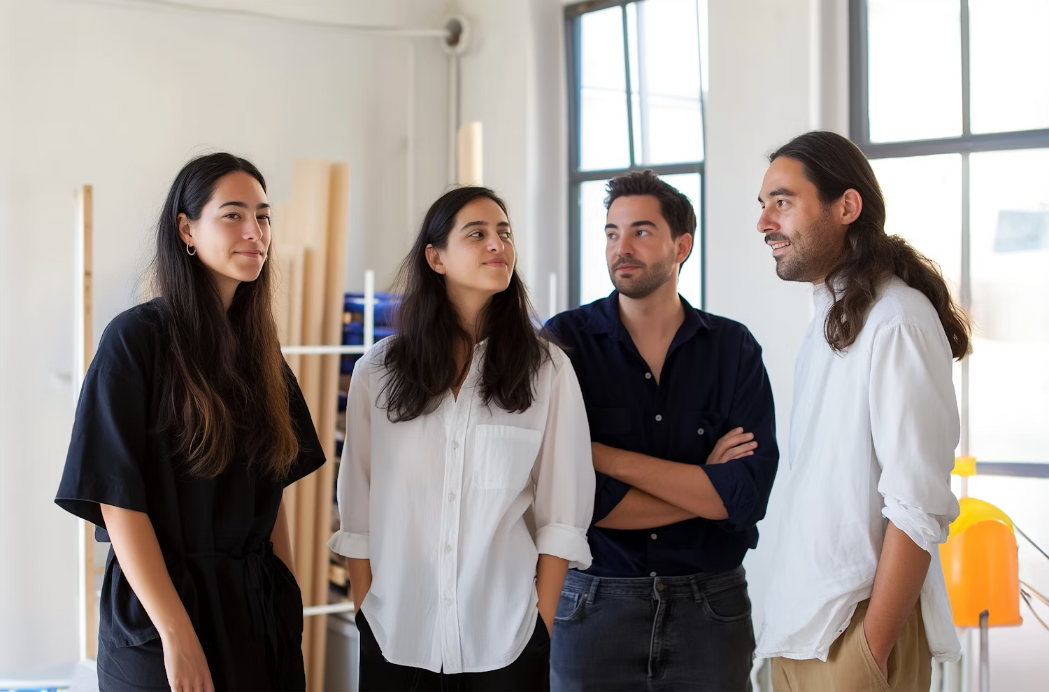 A group of people are standing next to each other in a room.