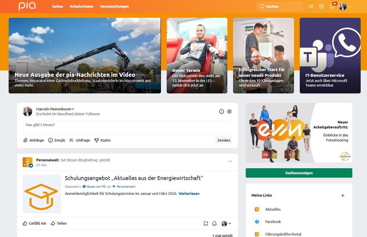 evm Intranet namens PIA, hier die Startseite mit newsmeldungen, neuen Terminen, links etc.