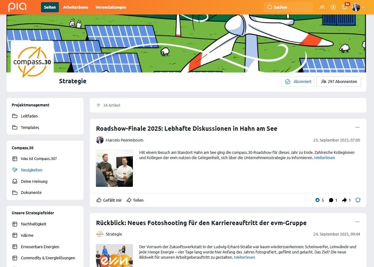 evm Intranet namens Pia - eine Seite zur Unternehmensstrategie mit neuen News auf der timeline dazu