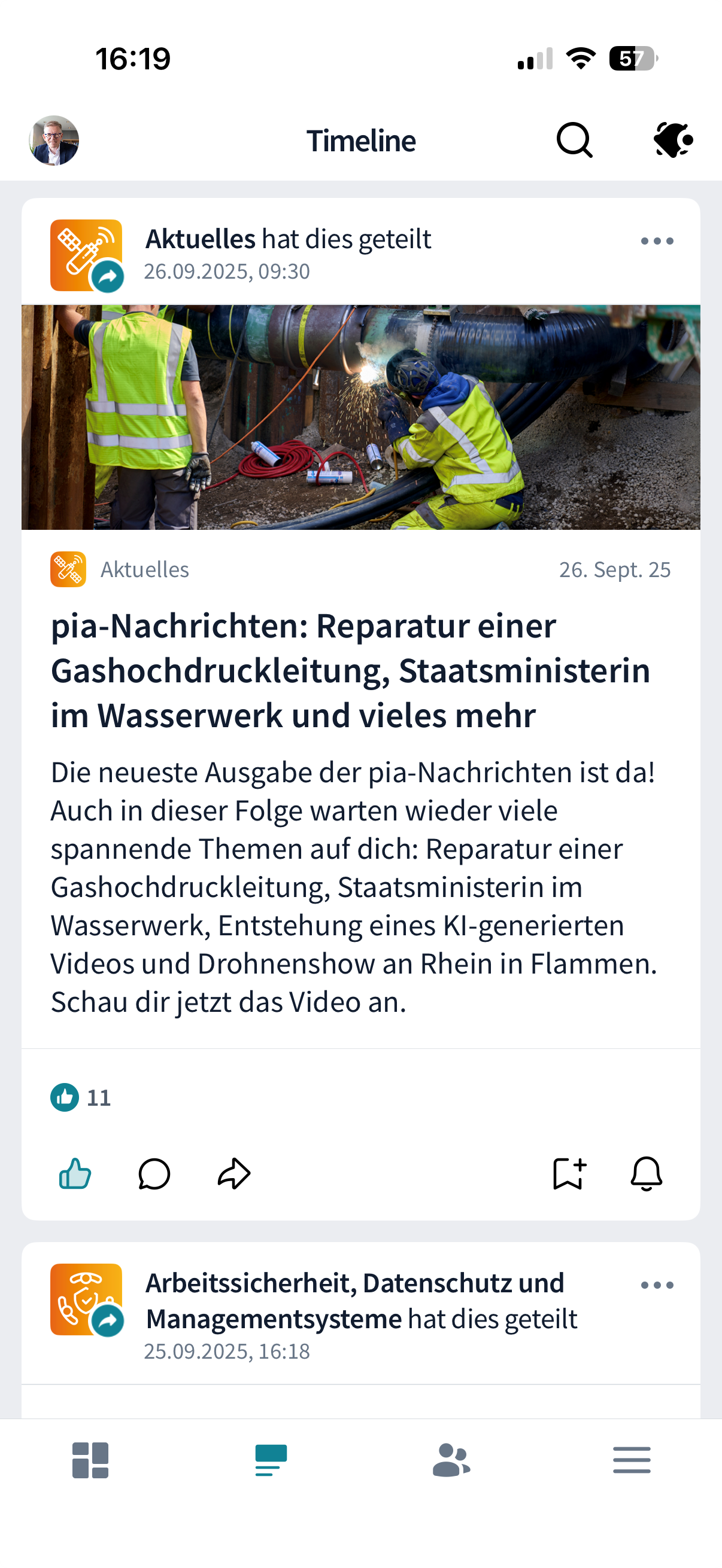 mobile Ansicht des Intranets bzw. Mitarbeiter-App der evm mit aktuellen News und Nachrichten im Intranet pia