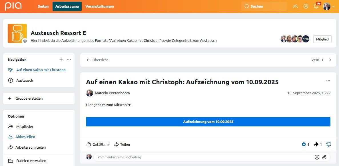 evm Intranet namens Pia in einer Austausch Resort Community mit dem Format auf einen Kakao mit Christoph