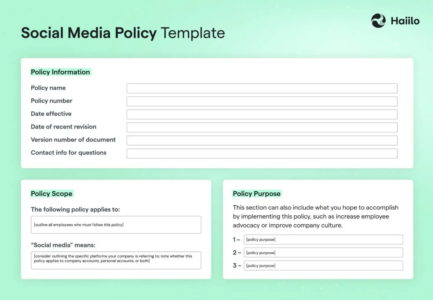 A social media policy template is shown on a green background