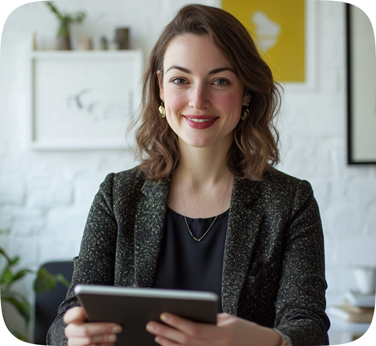 A woman holding a tablet with simply and hirschtec logos behind her