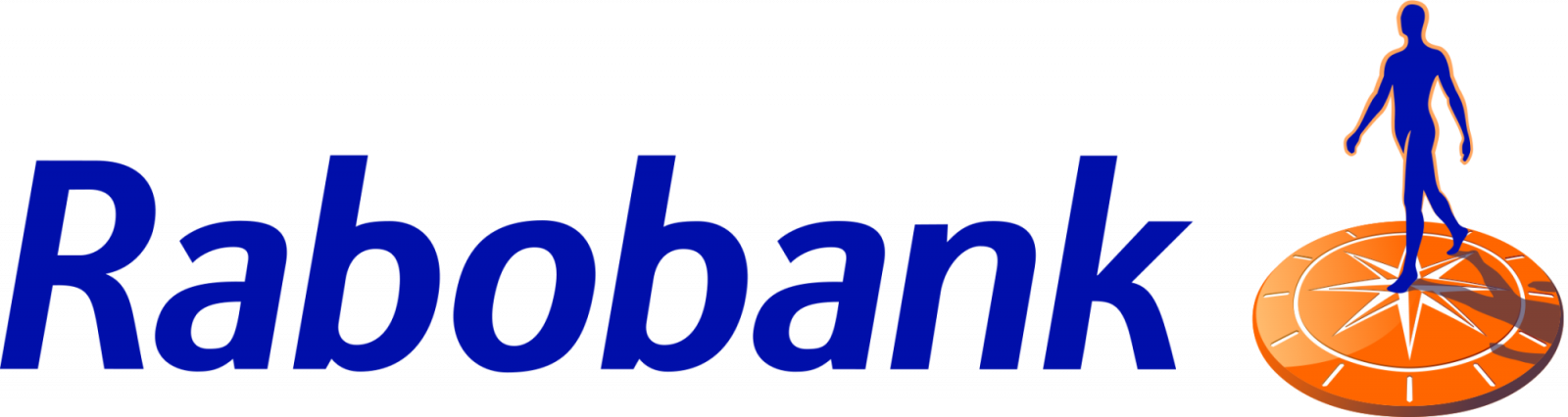 A logo for rabobank with a man standing on an orange circle