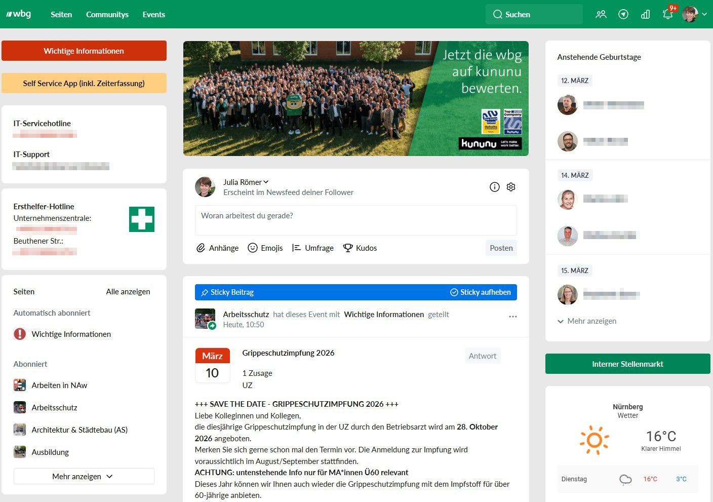 wbg Nürnberg Intranet Flurfunk Startseite mit wichtigen Informationen, header-bild und timeline