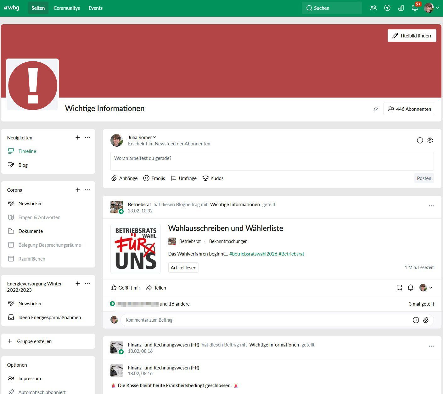 wbg Nürnberg Intranet Flurfunk Seite wichtige Unternehmensinformationen mit Navigation und aktuellen News und Updates