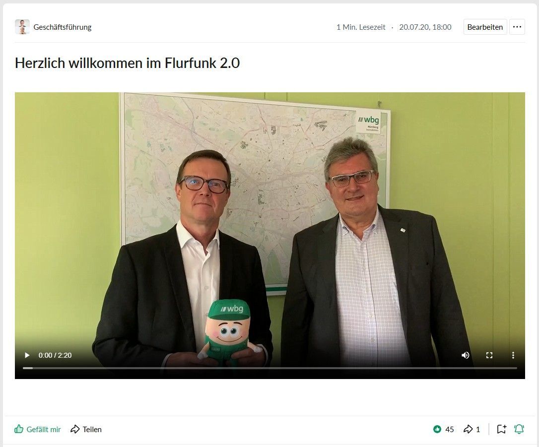 wbg Nürnberg intranet post zum go live mit video der Geschäftsführung