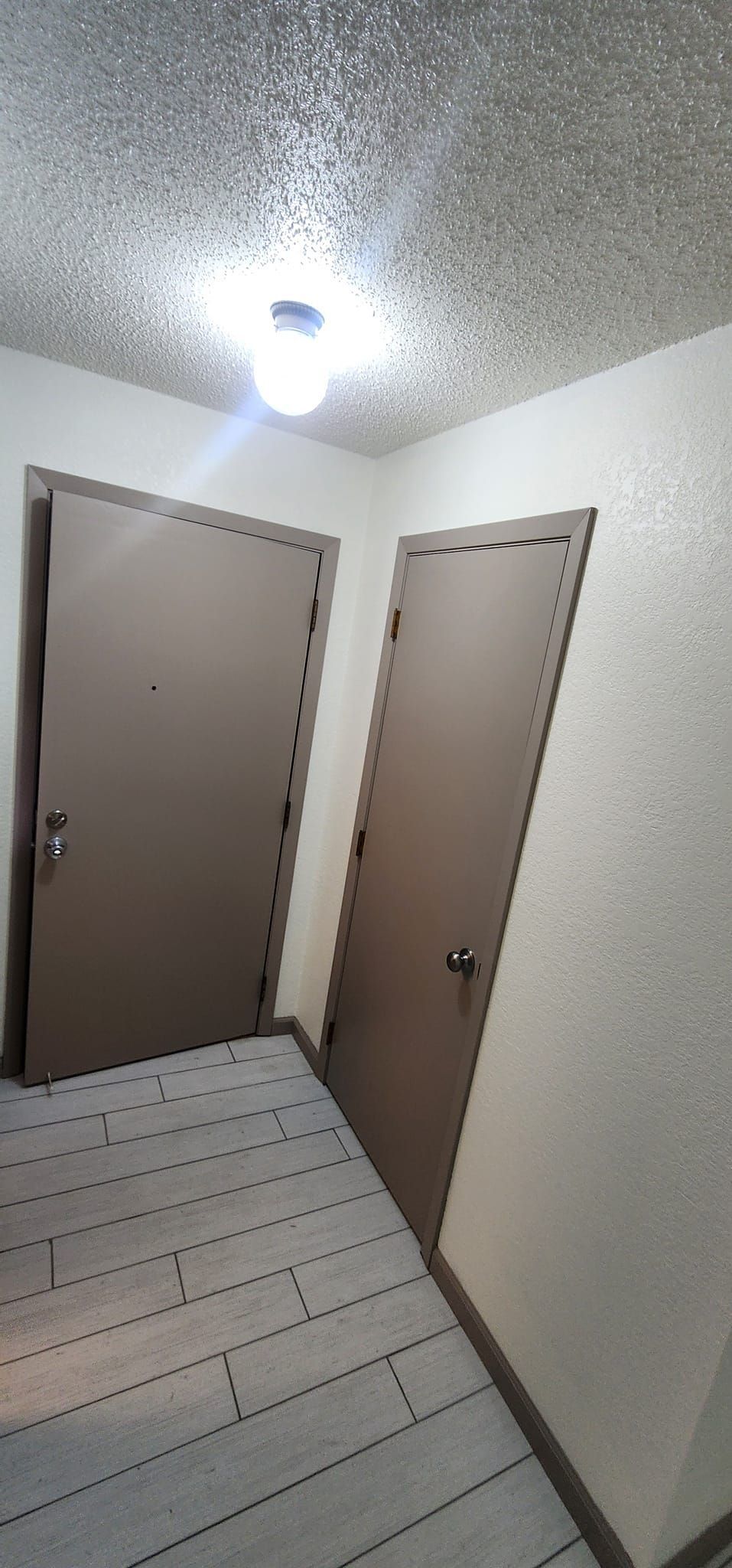 Two beige doors in a hallway under a textured ceiling with a bright overhead light. Wooden floor.