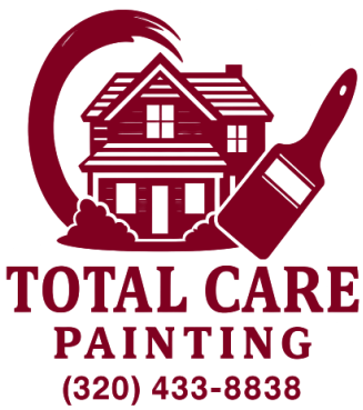 Logo for Total Care Painting: a house, paintbrush, and swirling paint, maroon color. Phone number at the bottom.