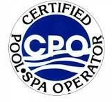 Certified Pool Spa Operator badge, blue and white, with text 