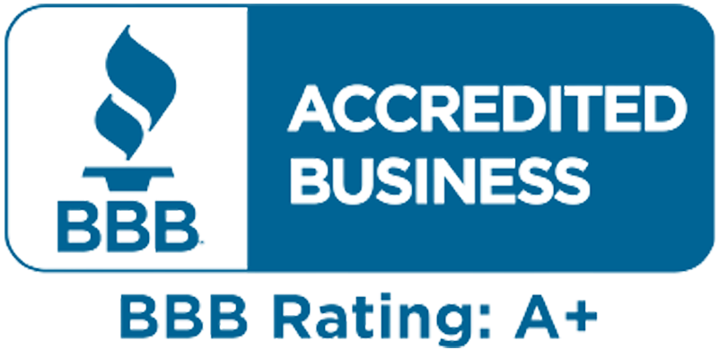 BBB Accredited Business logo with a blue and white design, showing an A+ rating.