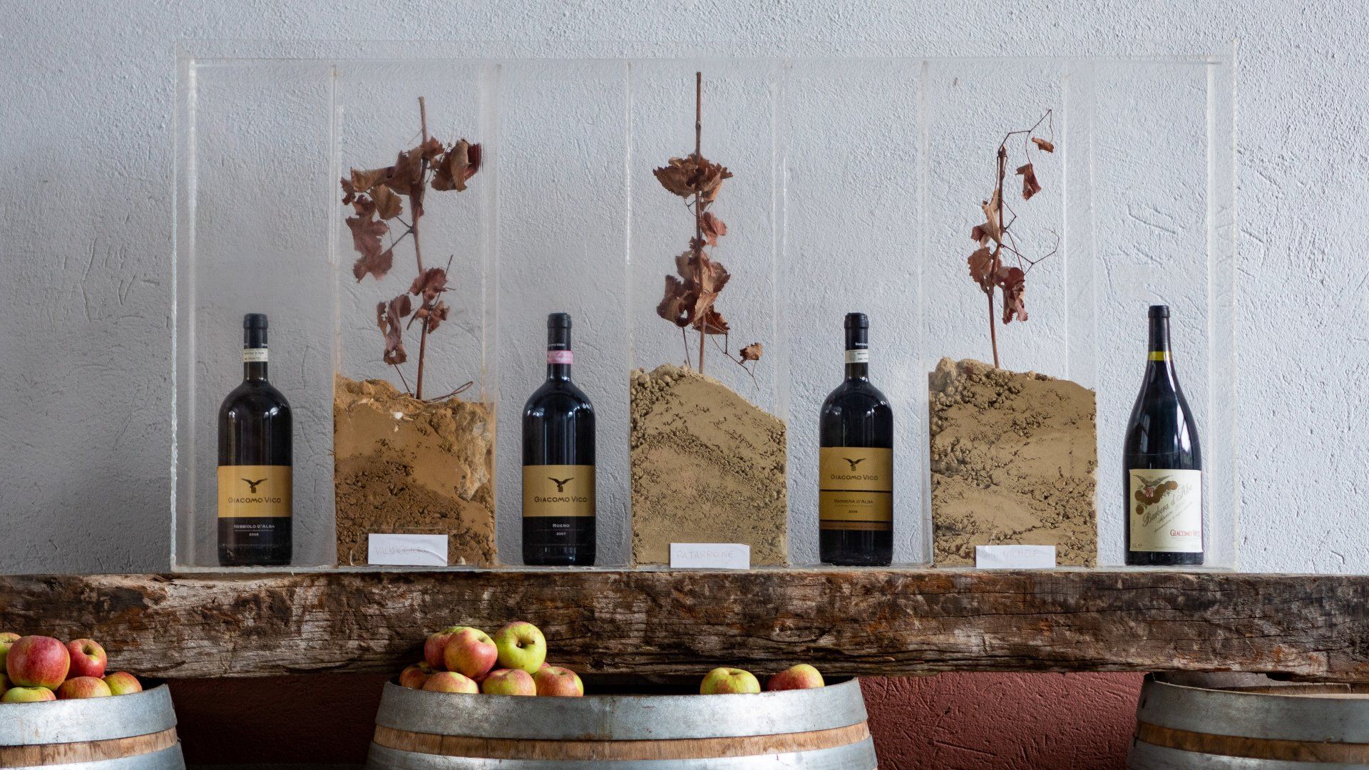 wine bottles and barrels with apples