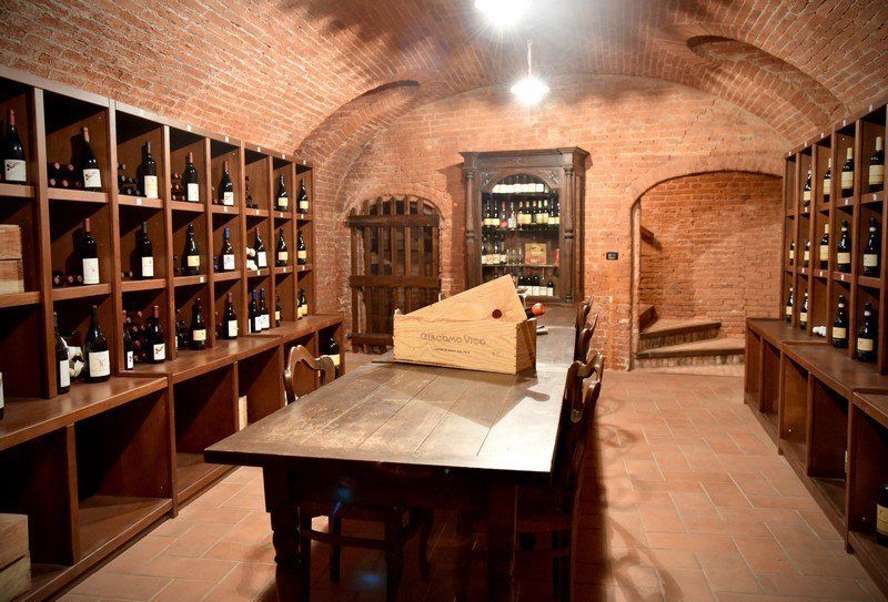 wine cellar with bottles on the shelves