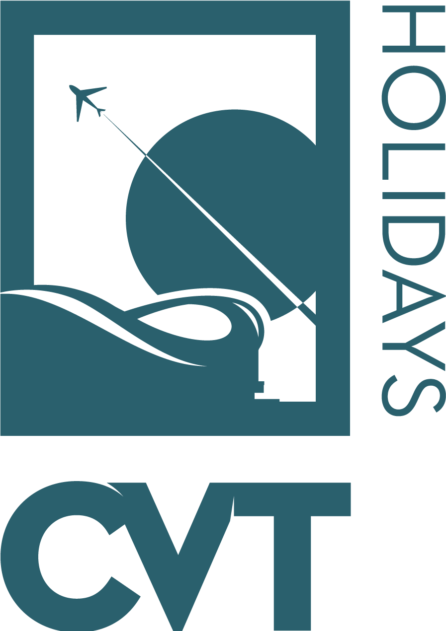 A blue logo for cvt holidays with a plane flying over the sun