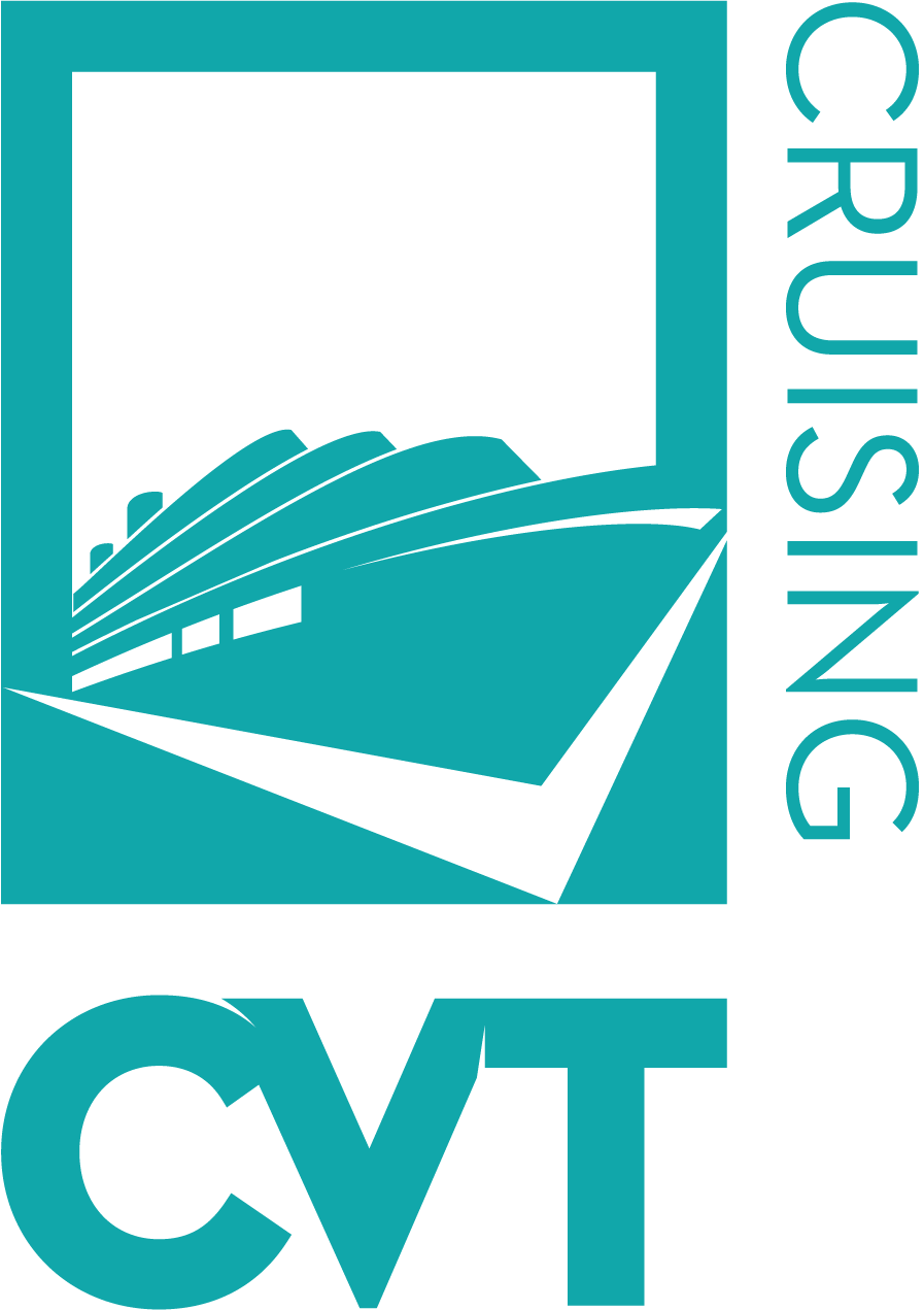 A logo for cruising cvt with a cruise ship in a square.