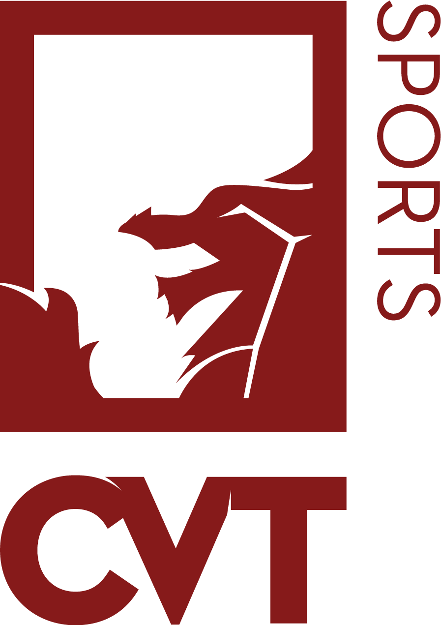 A red and white logo for cvt sports