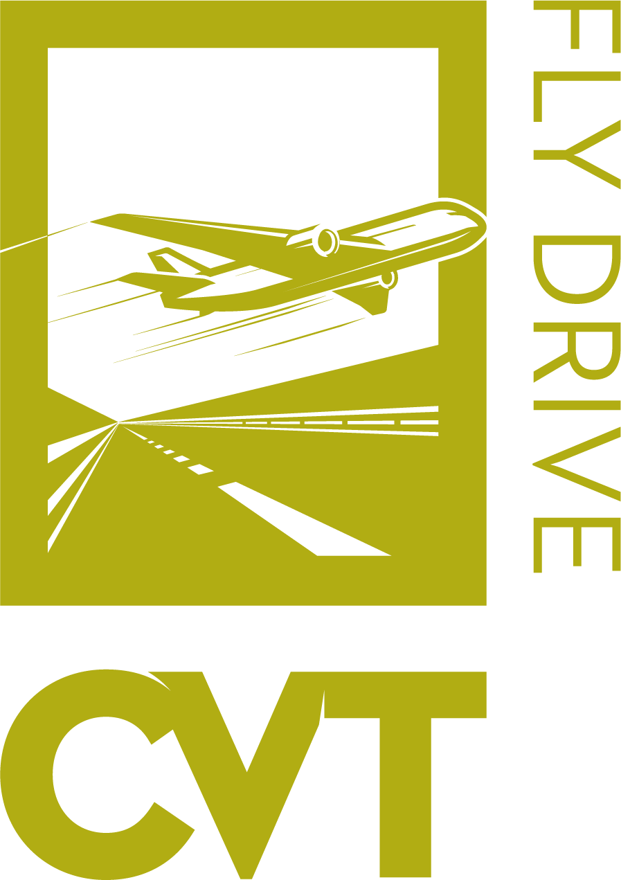 A logo for fly drive cvt with an airplane flying over a highway