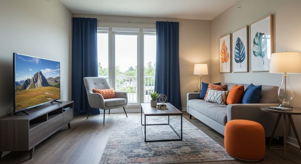 blue curtains, living room with window