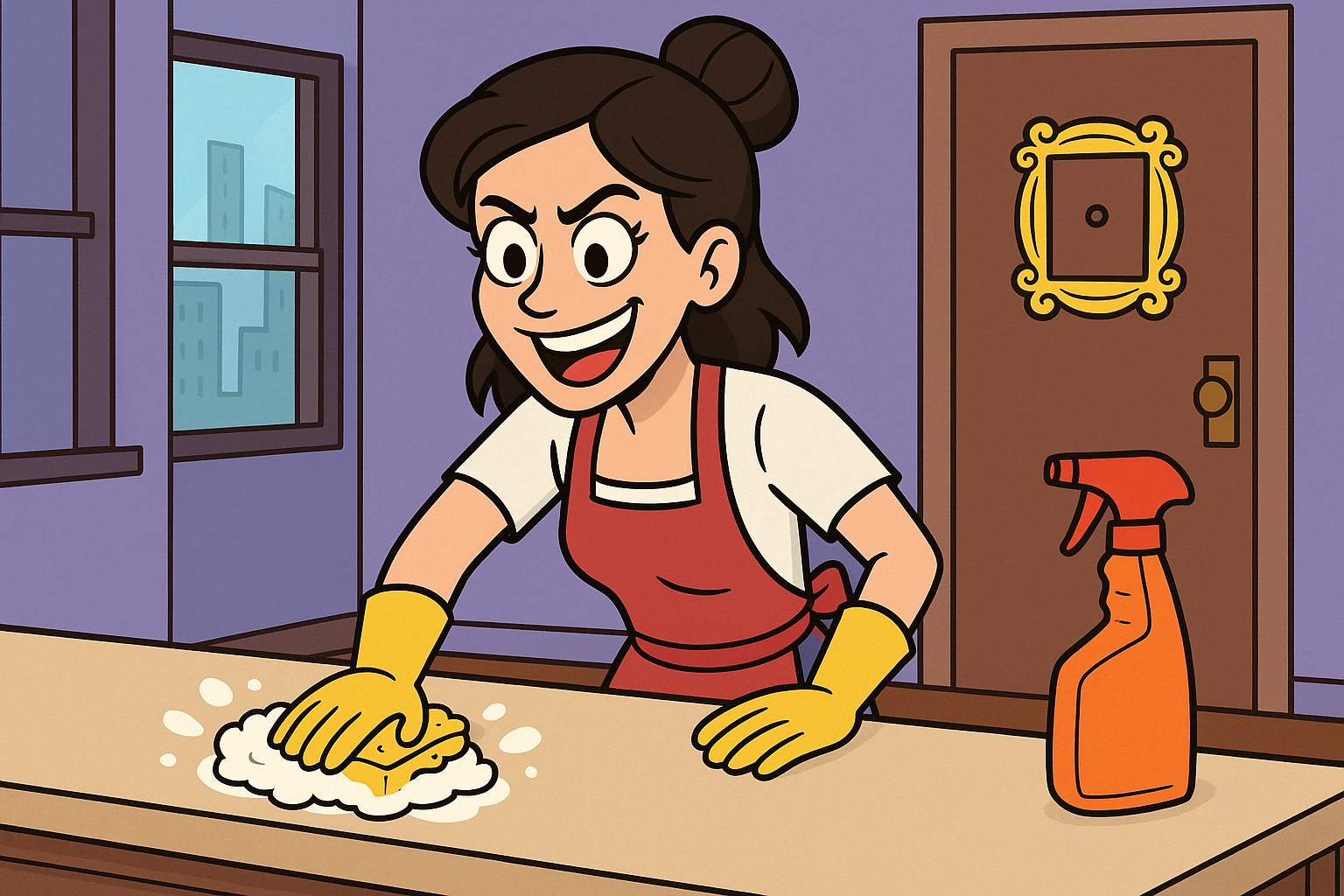 A cartoon of a woman cleaning a table with a spray bottle next to her.