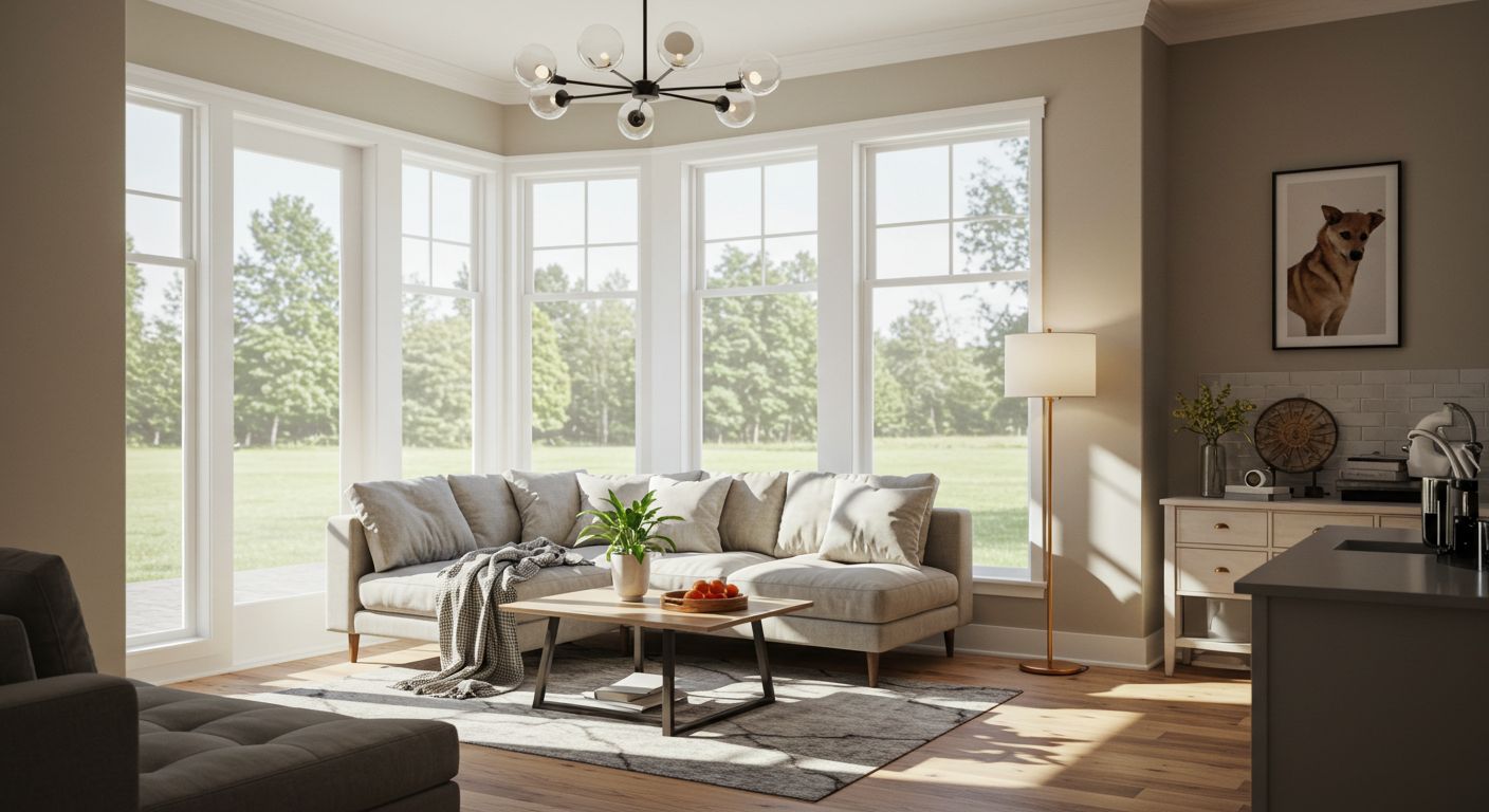 Living room with large windows, beige sectional sofa, coffee table, and floor lamp.